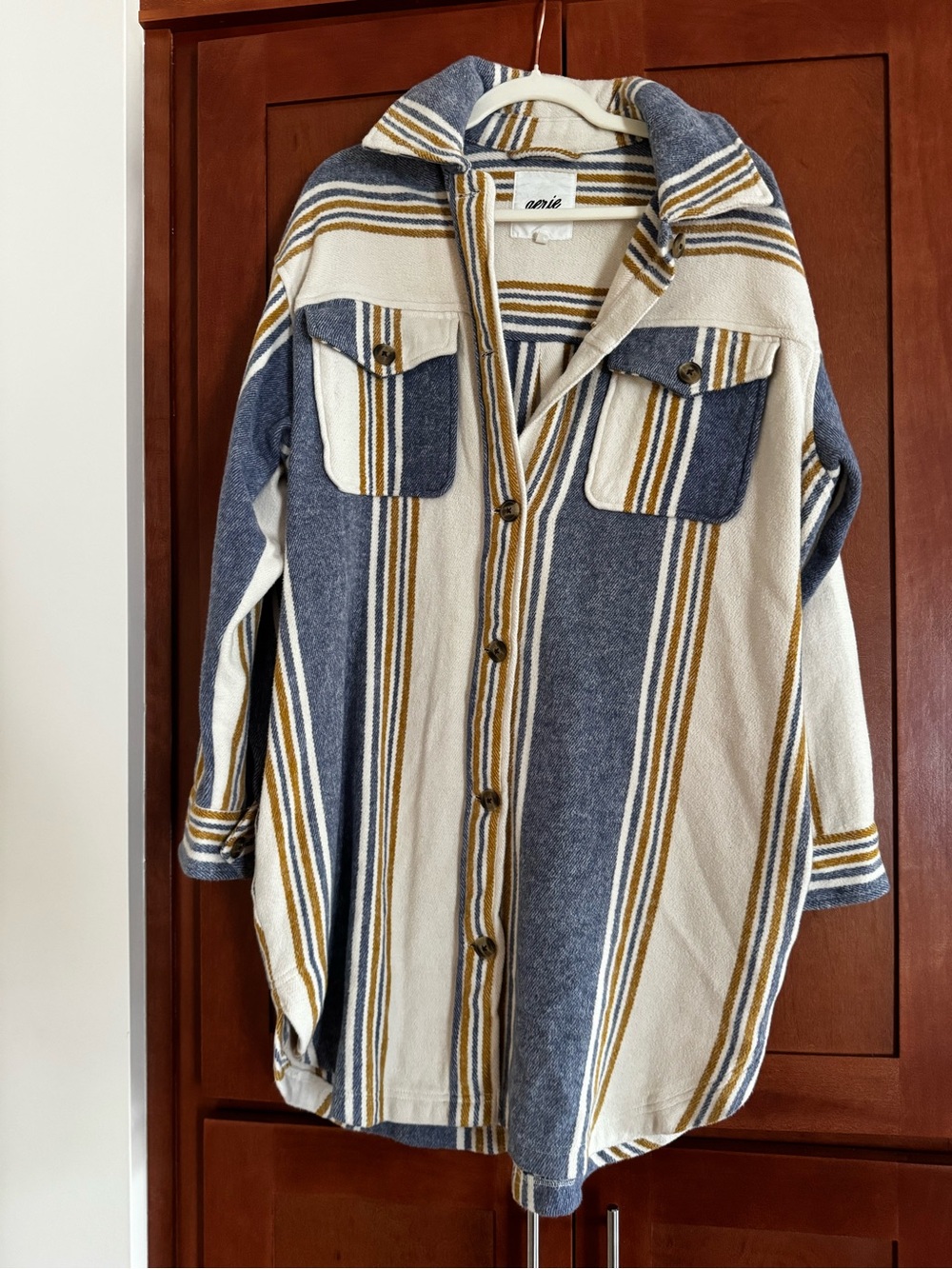 aerie Cream Striped Cozy Top with Mustard and Blue Stripes - Picture 3 of 8